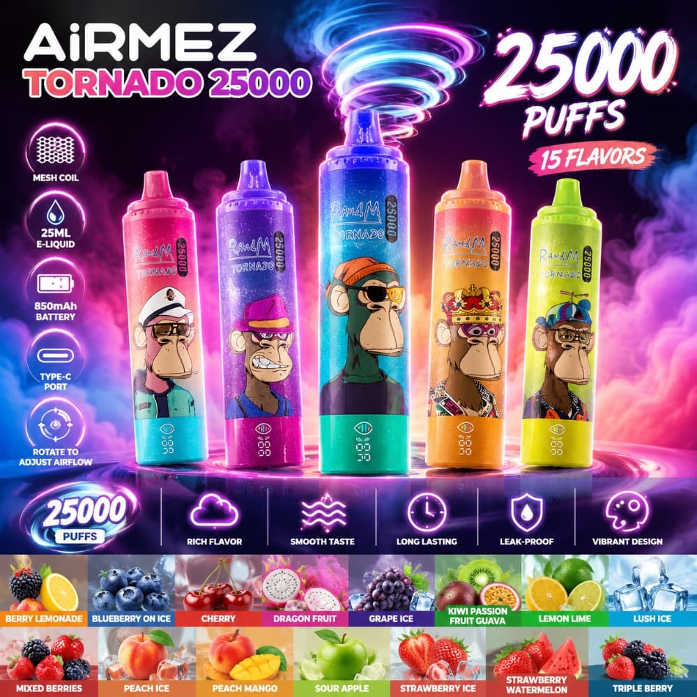 Różne modele e-papierosów jednorazowych, takie jak Airmez Tornado, Hifancy Dream, Hifancy Space, XCOR TYRANT, prezentowane razem.