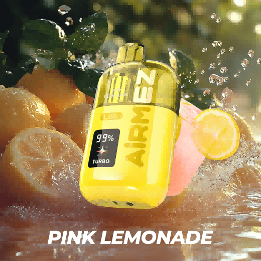 Obraz przedstawiający dwie butelki e-liquidu lub dwa jednorazowe e-papierosy, jeden o smaku Pink Lemonade, drugi Berry Lemonade, z owocami cytryny, malin i jagód wokół.