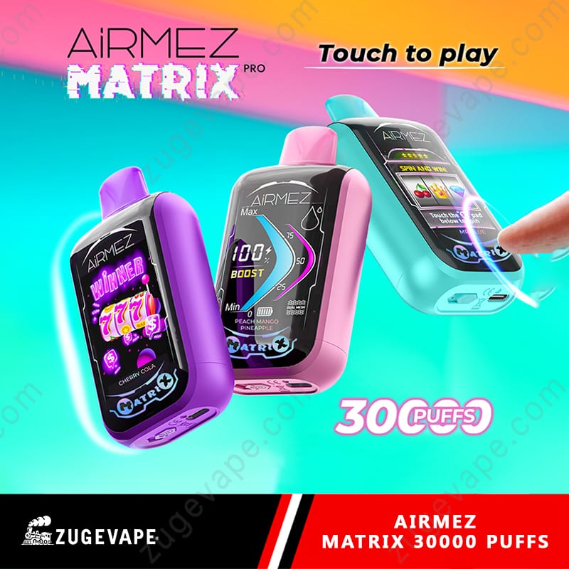 Zbliżenie na e-papieros Airmez Matrix Pro 30000 z wyraźnie widocznym podświetlonym ekranem, wyświetlającym poziom baterii i e-liquidu, podkreślające jego funkcjonalność.