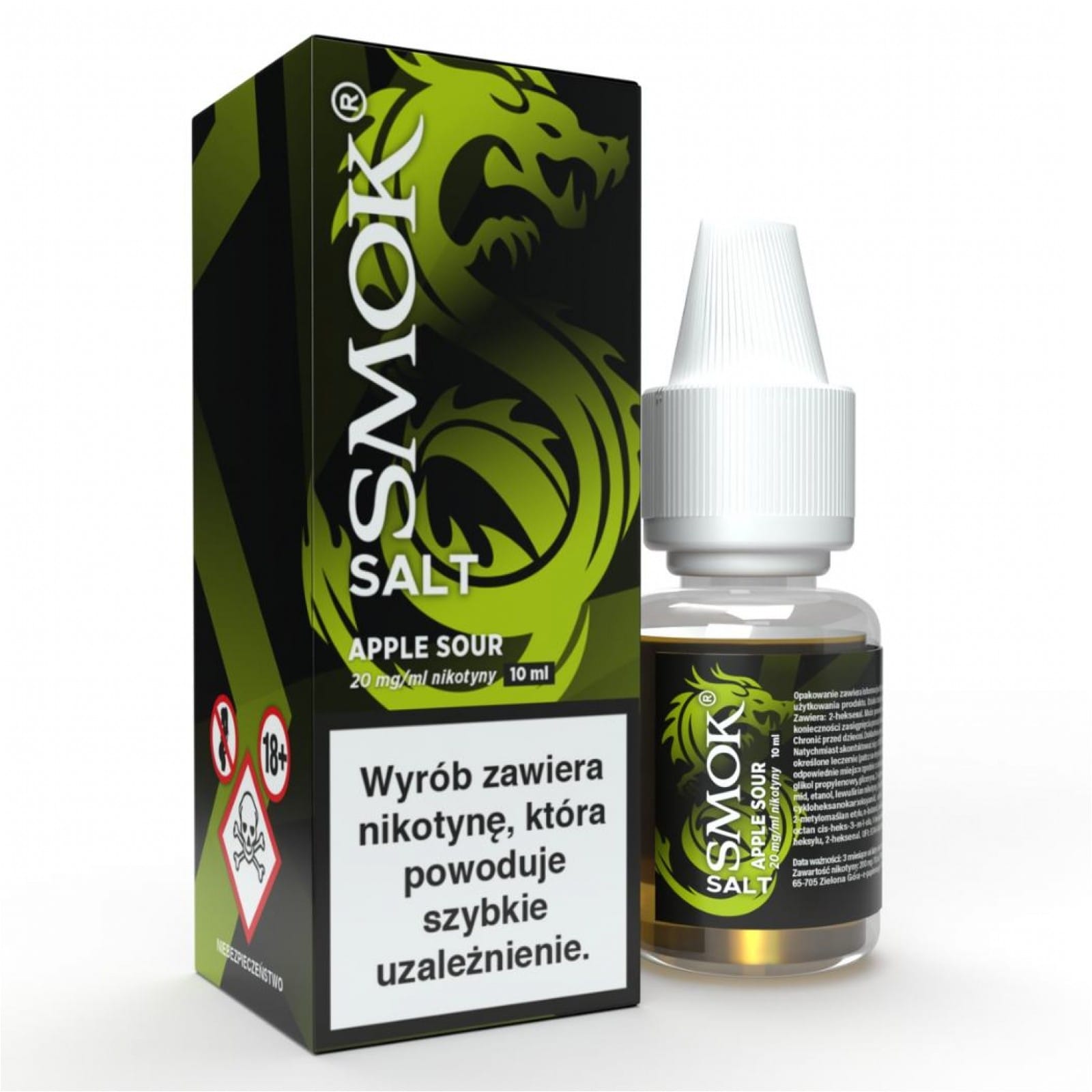 Obrazek e-liquidu lub jednorazowego e-papierosa z etykietą Green Apple, obok którego leży całe, soczyste zielone jabłko.