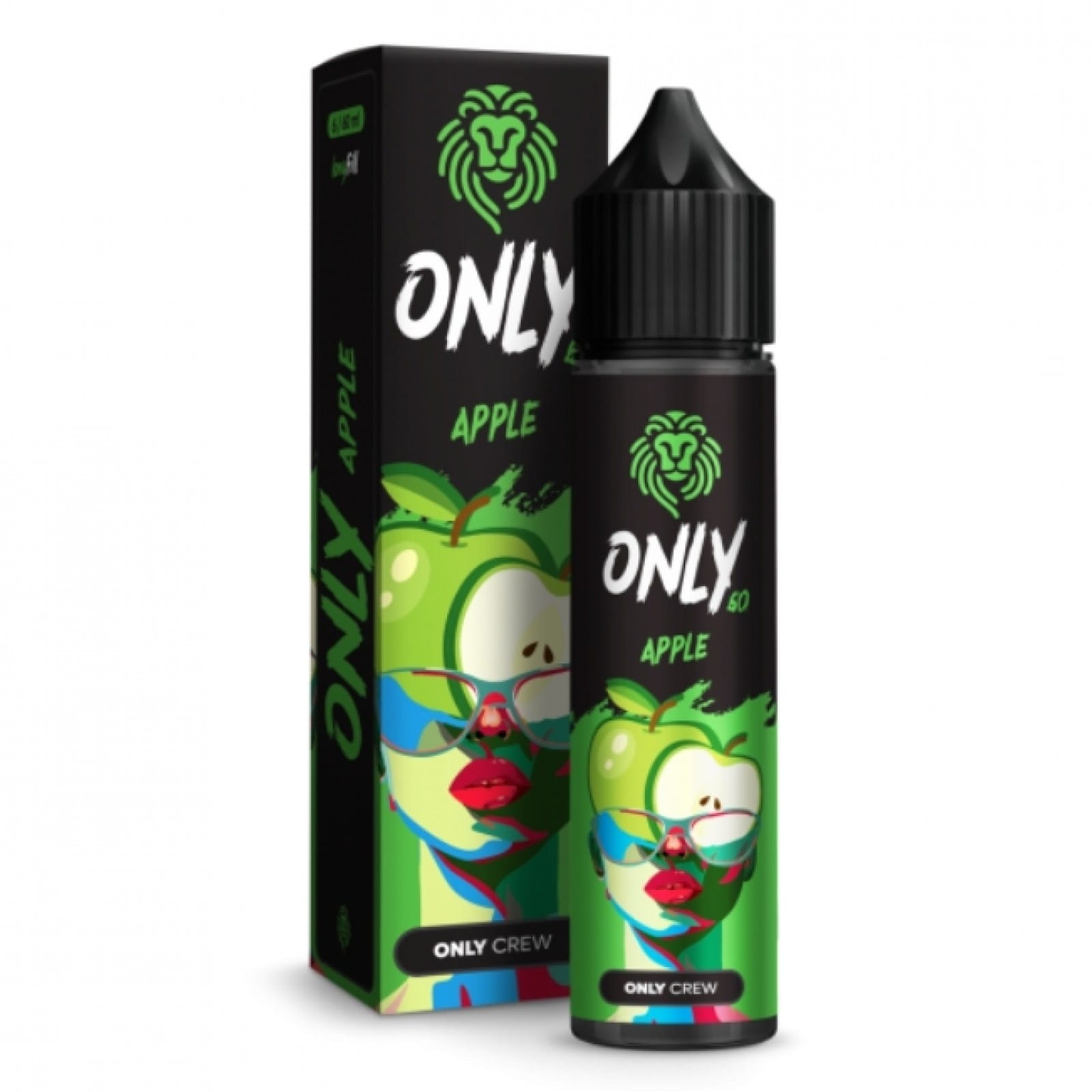 Obrazek e-liquidu lub jednorazowego e-papierosa z etykietą Sour Apple, obok którego leży przekrojone, zielone, kwaśne jabłko.