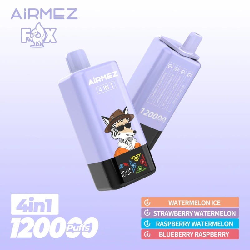 E-papieros Airmez Fox 4in1, ukazujący jego unikalną konstrukcję z czterema oddzielnymi komorami na płyn, symbolizującą możliwość zmiany smaków.