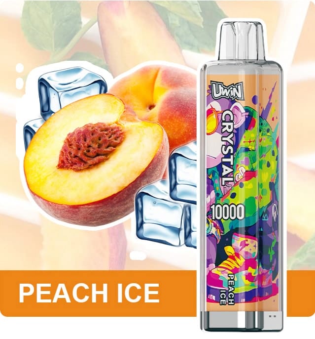 Trzy szklanki z napojami lub butelki z płynem o smakach Peach Ice, Peach Guava i Mango Peach, symbolizujące różnice w profilach smakowych.