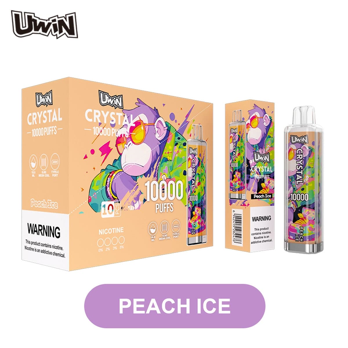 Soczyste brzoskwinie z kostkami lodu lub szronem, symbolizujące mrożony smak Peach Ice.
